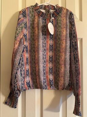 Printed Ruffle-Neck Long Sleeve Top - Multicolor